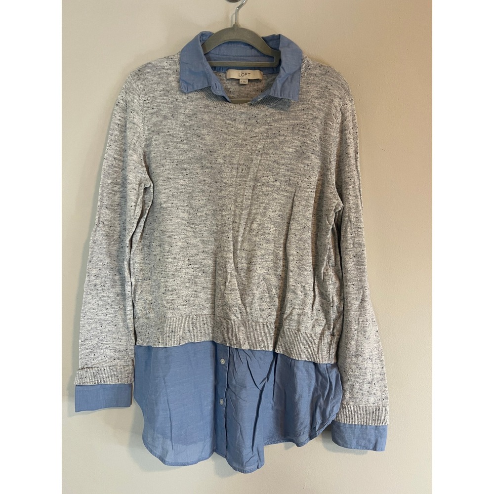 LOFT Mixed Media Layered Look Sweater Grey Blue Chambray Accent Medium